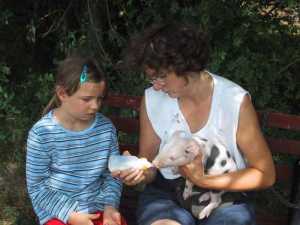 Petra und Rahel ziehen ein Ferkel f�r unseren Zirkus gro�